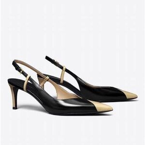 Tory Burch Sand Buff Beige and Black 65mm Turin Triangle Slingback Heels 6.5
